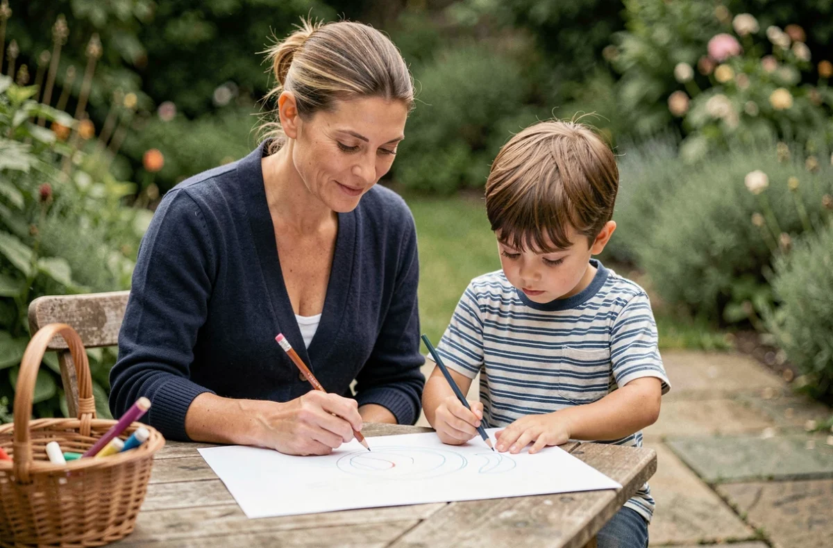Femme accompagnant un jeune garçon dans un exercice de dessin en plein air sur une terrasse de jardin, éveil créatif et éducation de l'enfant