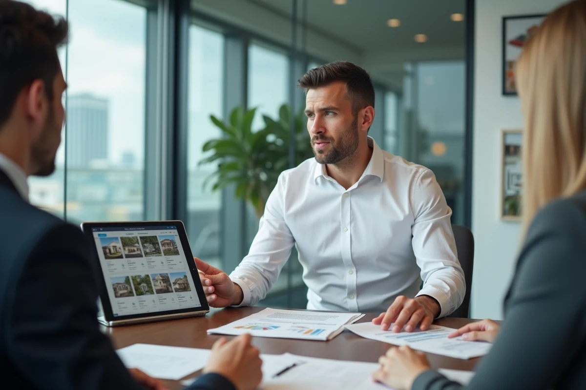 Agent immobilier présentant des annonces sur tablette à des clients dans une agence moderne
