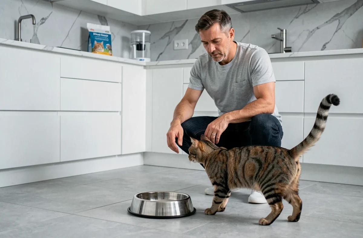 Homme qui nourrit son chat tabby dans une cuisine moderne, alimentation saine pour animaux de compagnie