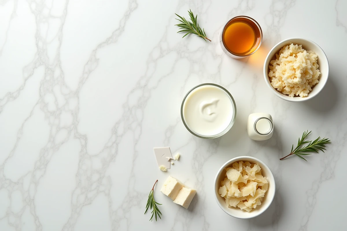 Aliments riches en probiotiques disposés en flat lay sur marbre blanc, yaourt kéfir kombucha choucroute