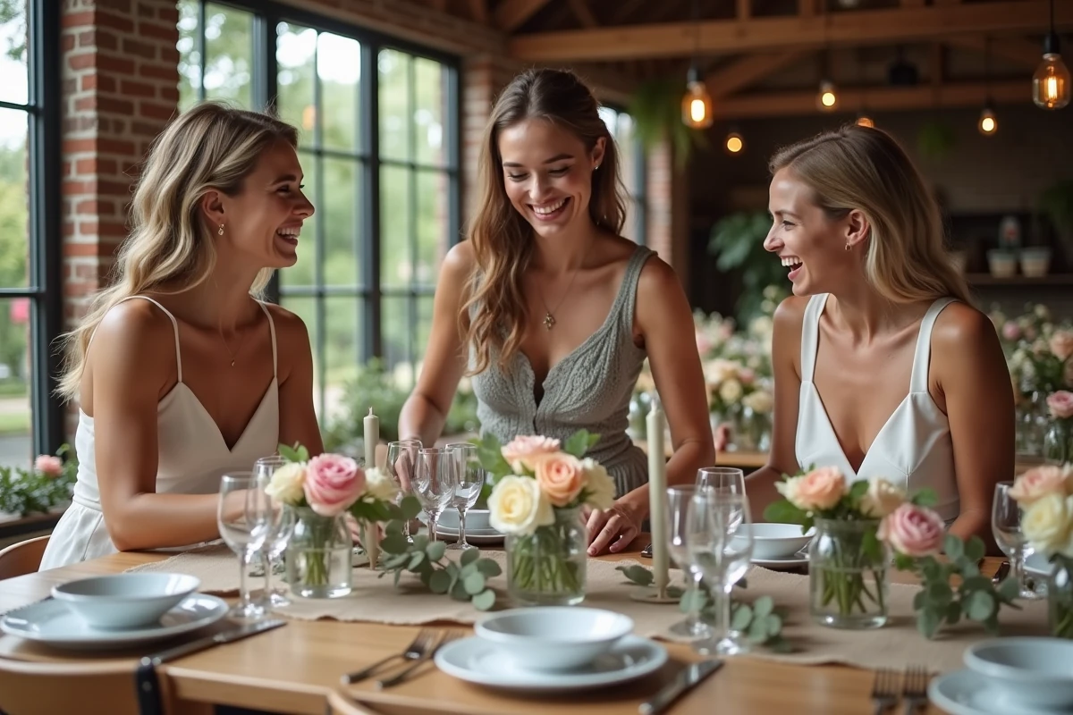 Amies élégantes préparant des centres de table floraux