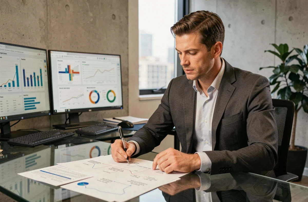 Cadre B2B analysant des indicateurs de performance commerciale et annotant un plan stratégique dans un bureau contemporain