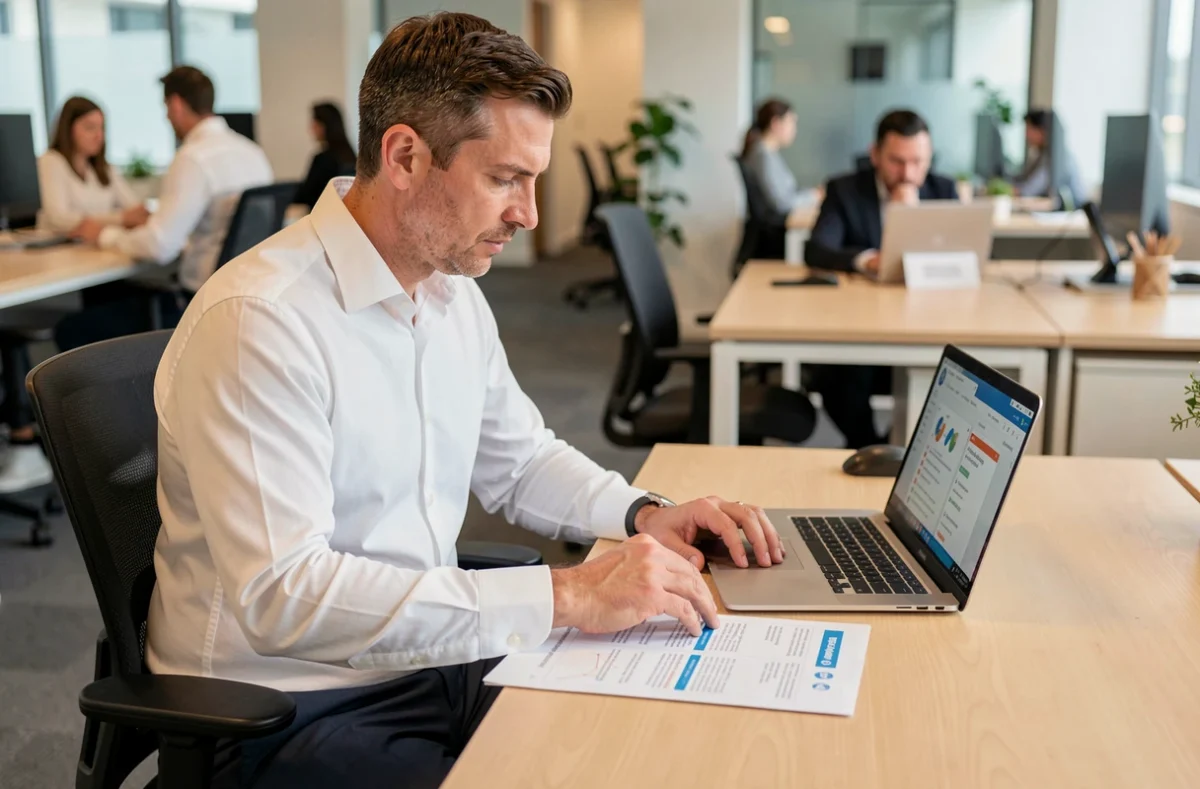 Employé en autoformation sur l'engagement professionnel avec module de formation imprimé et plateforme e-learning