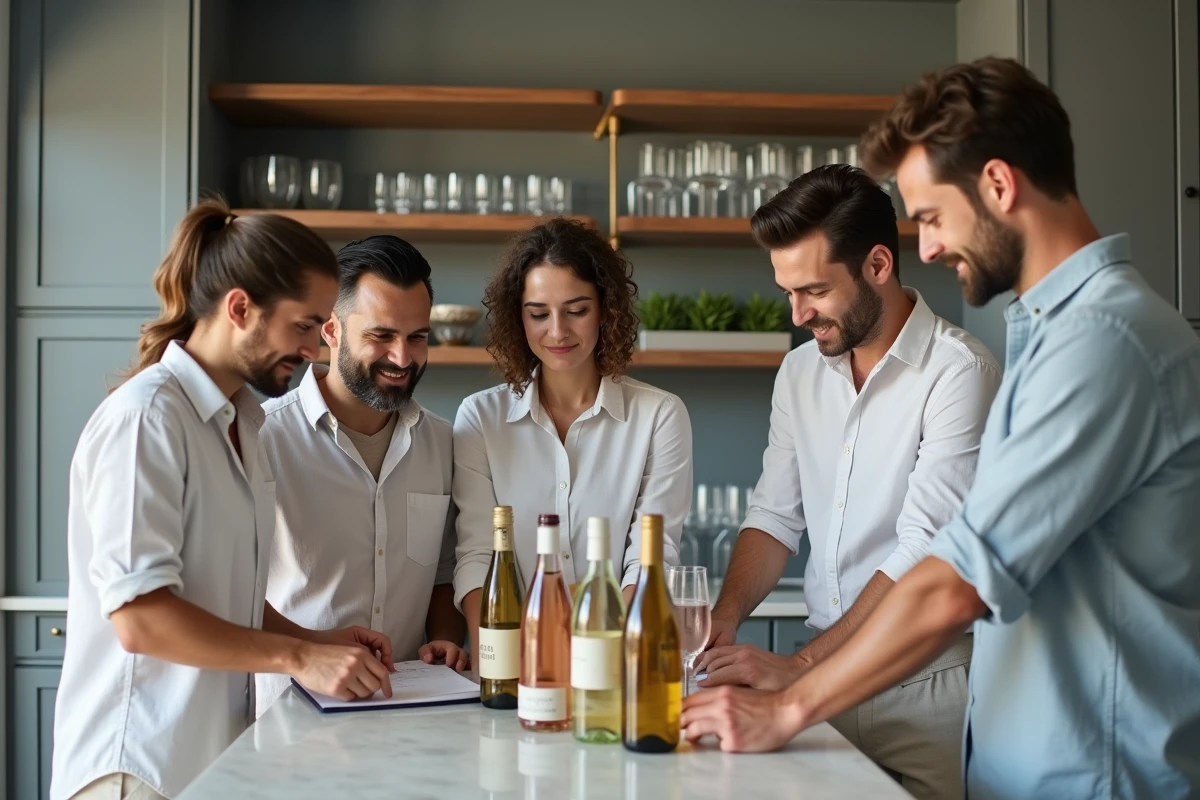 Groupe d'amis calculant la quantité de boissons nécessaires pour organiser une fête de 100 invités dans une cuisine moderne