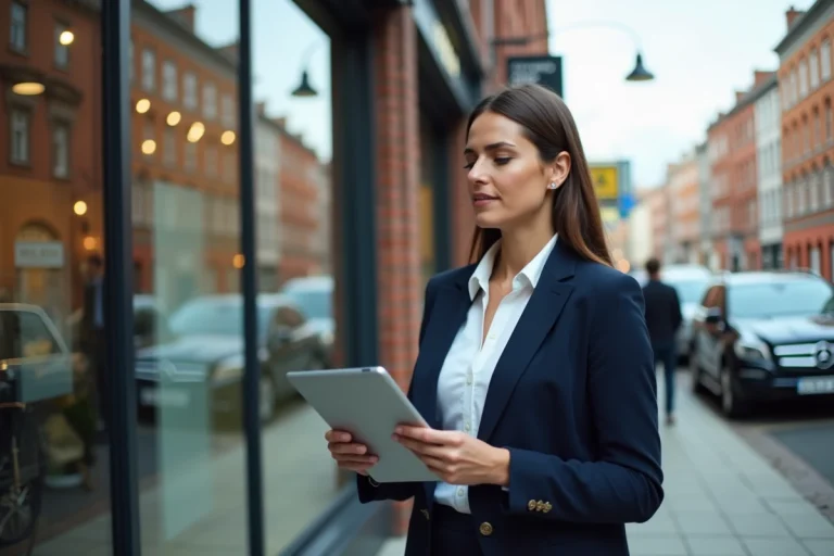 Femme d'affaires évaluant un local commercial disponible dans une rue commerçante animée pour choisir l'emplacement idéal de son entreprise