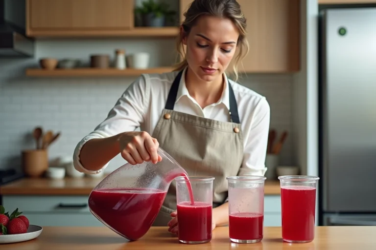 Femme versant du punch rouge dans des contenants hermétiques pour la congélation dans une cuisine moderne