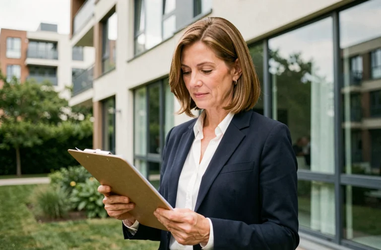 Conseillère immobilière professionnelle devant un immeuble résidentiel moderne, tenant un dossier de documents pour un investissement immobilier