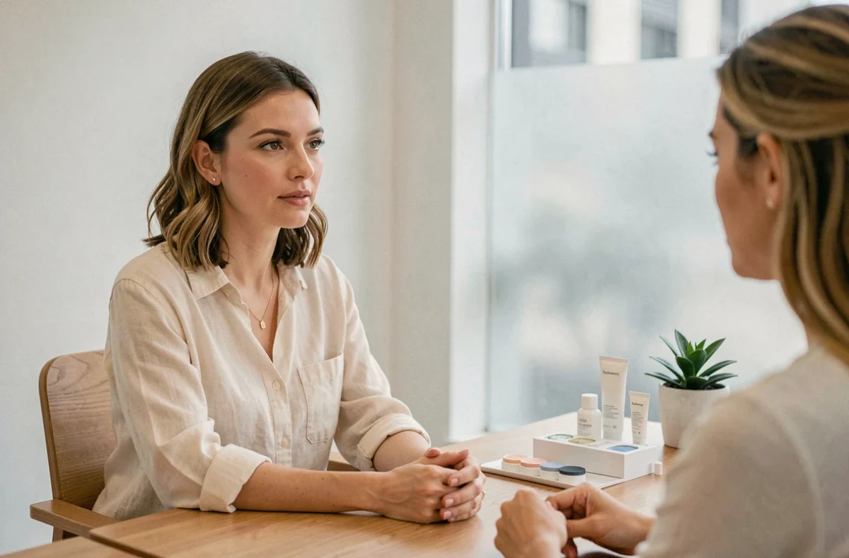 Femme en consultation dans un institut de beauté moderne, écoutant les conseils d'une experte en soins de la peau