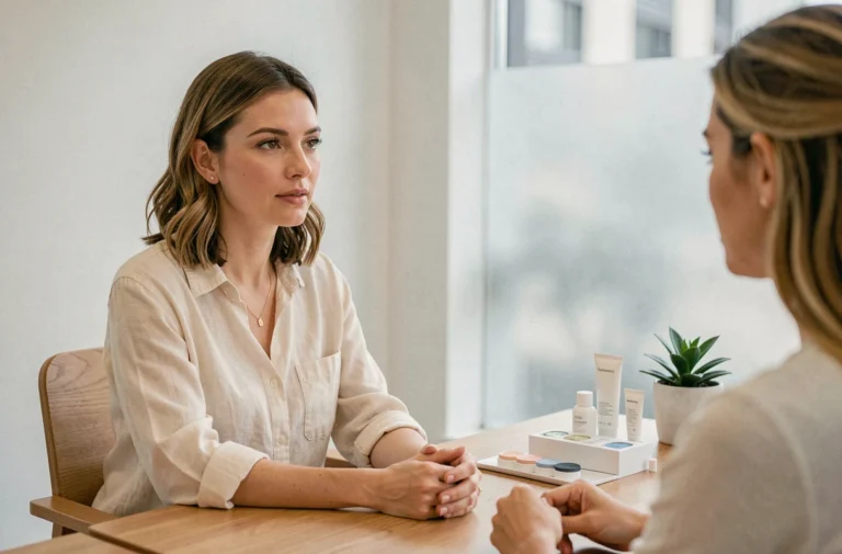 Femme en consultation dans un institut de beauté moderne, écoutant les conseils d'une experte en soins de la peau