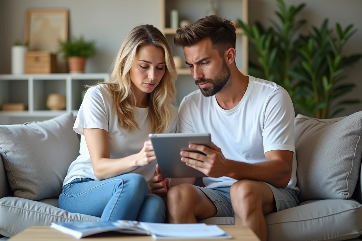 Couple consultant un formulaire d'annulation de croisière MSC sur tablette dans leur salon