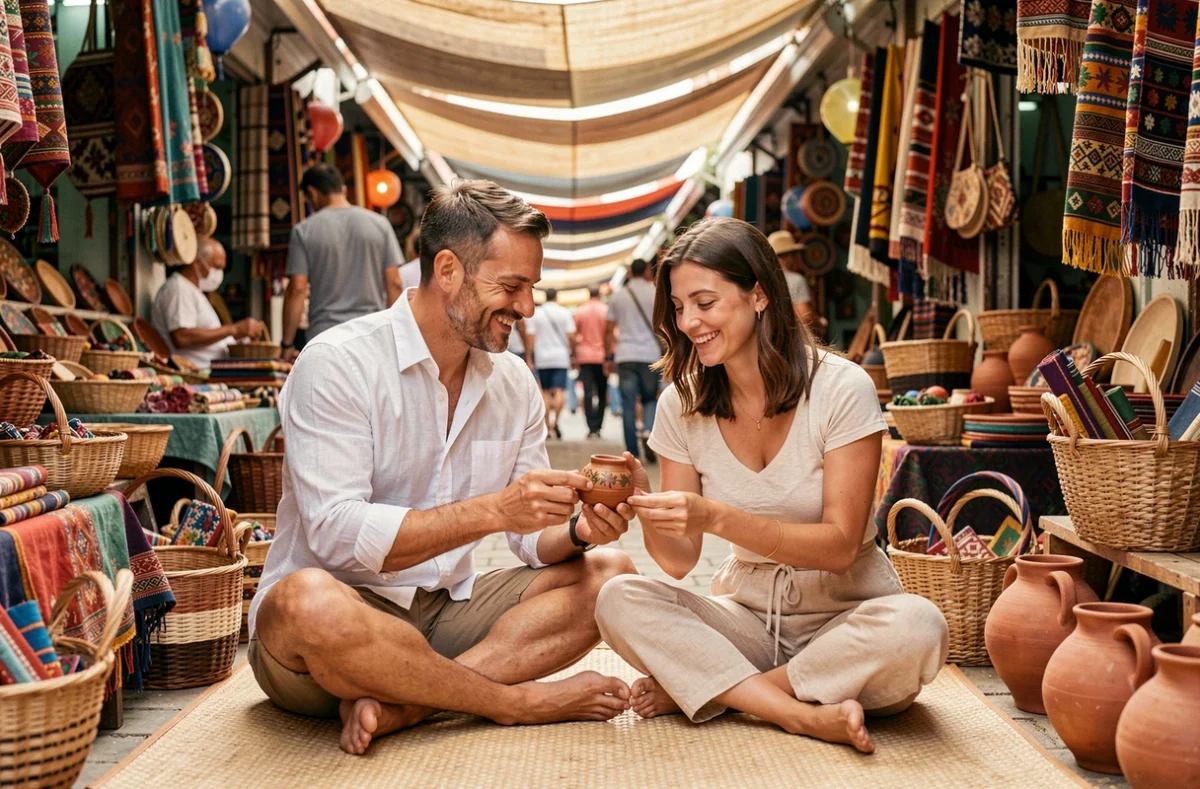 Un couple de voyageurs explore un marché artisanal local en examinant des souvenirs en céramique faits à la main