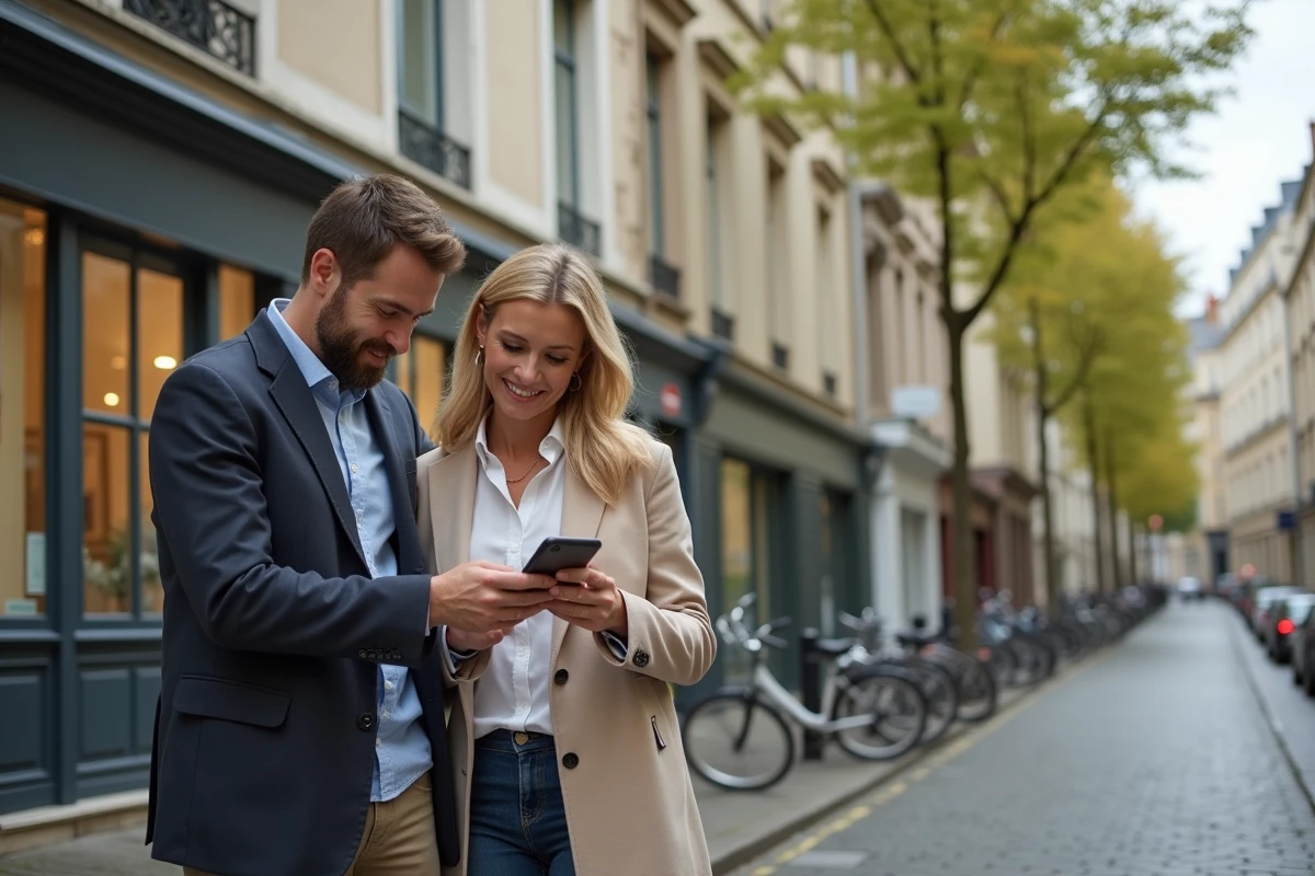Couple cherchant un bien immobilier sur smartphone devant un immeuble résidentiel urbain