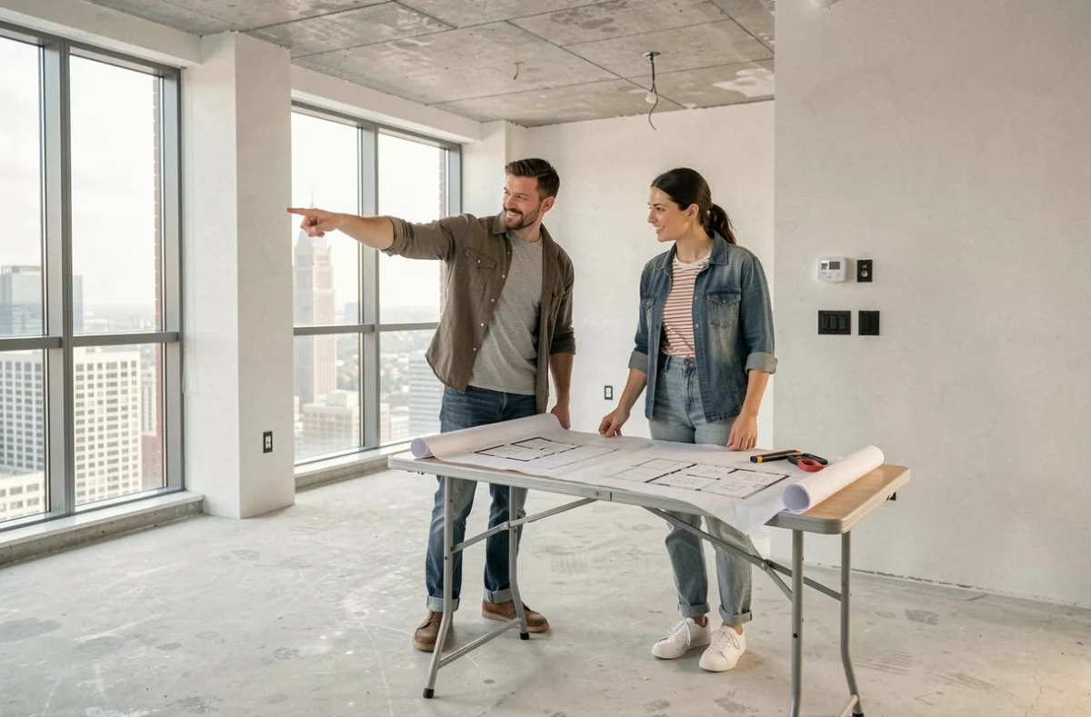 Couple visitant un appartement vide avec vue sur la ville, examinant des plans pour un projet d'achat immobilier