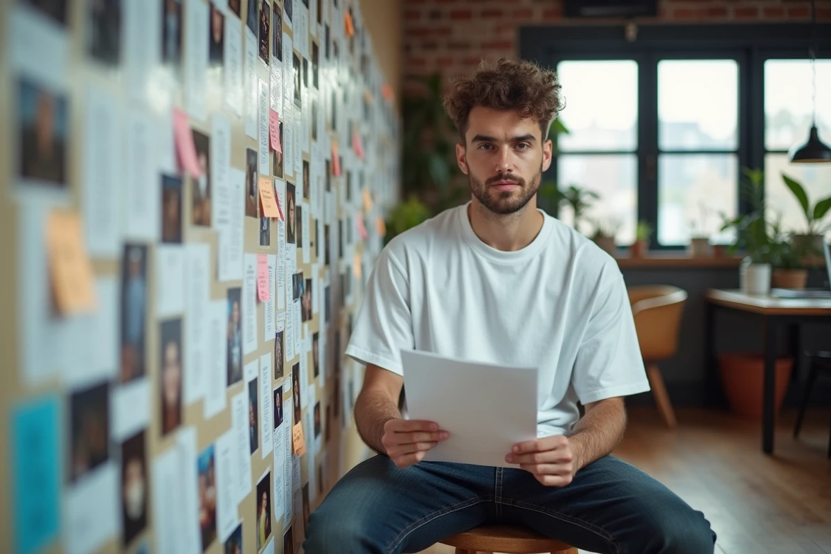 Jeune créateur de contenu assis devant un mur de commentaires et captures d'écran, tenant une feuille annonçant un nouveau nom pour sa chaîne