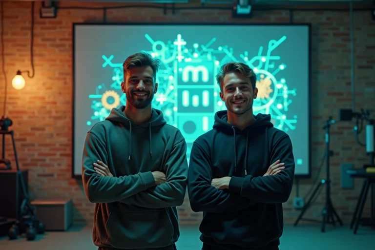 Deux créateurs de contenu masculins souriants devant un panneau LED dans un studio urbain, évoquant la révélation d'un nouveau nom de marque