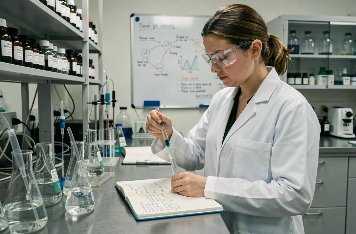 Chercheuse en blouse blanche appliquant la démarche scientifique dans un laboratoire universitaire moderne, prenant des notes lors d'une observation