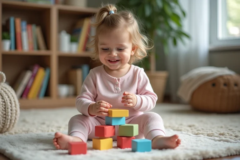 Petite fille souriante joue avec des blocs en bois colorés