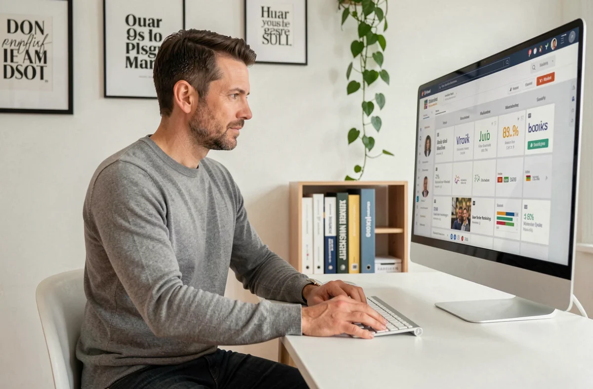 Entrepreneur masculin travaillant sur une stratégie de marketing digital et des métriques de réseaux sociaux depuis son bureau à domicile