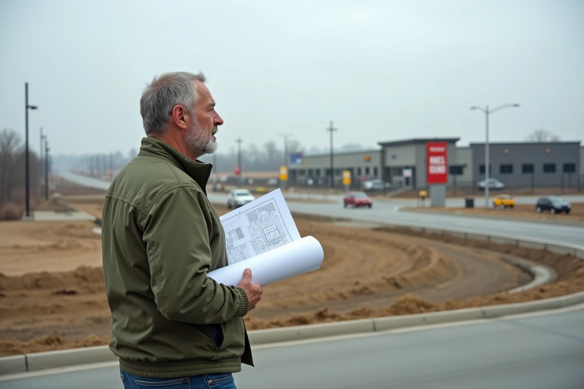 Entrepreneur expérimenté debout devant un terrain en développement commercial en banlieue, évaluant un futur emplacement stratégique pour son entreprise