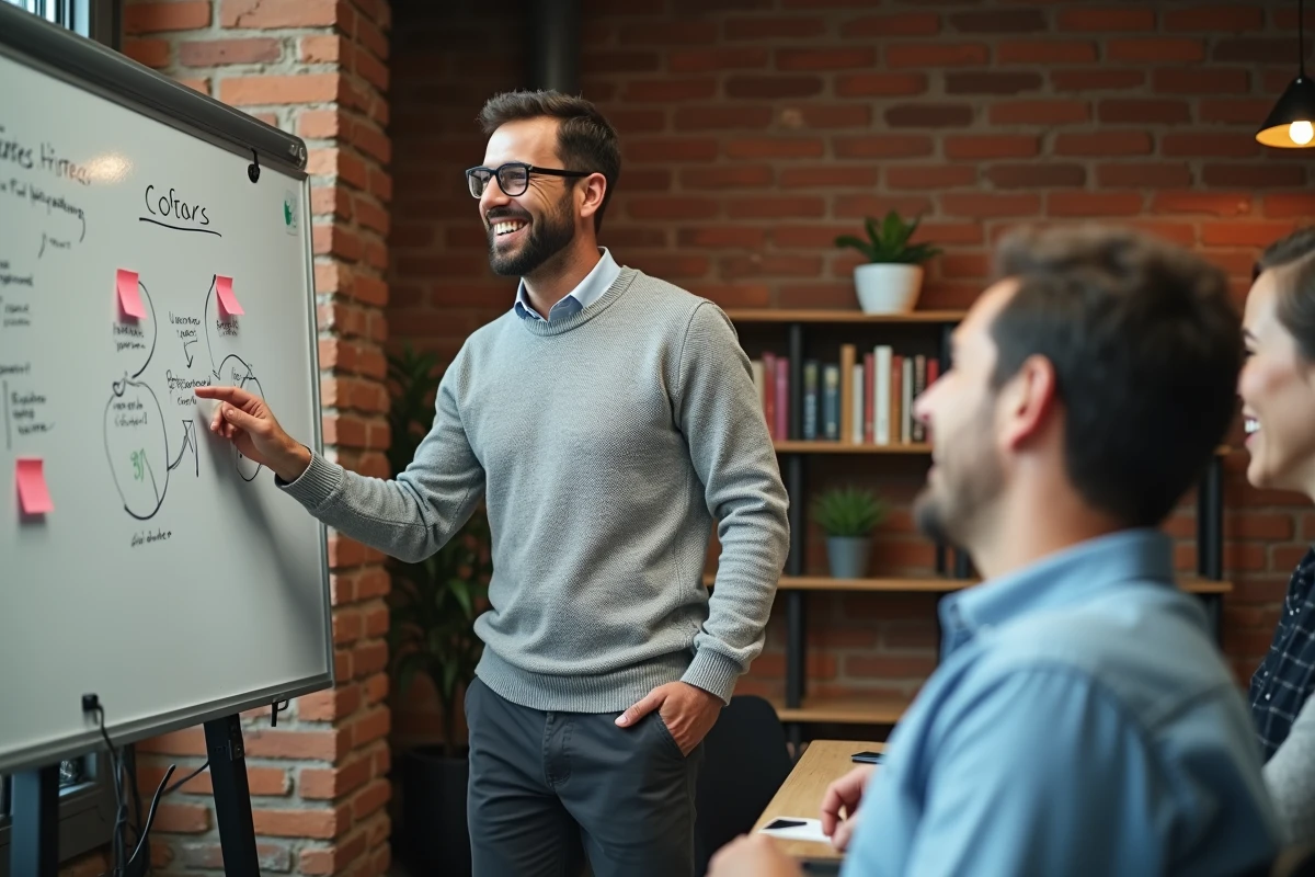 Équipe professionnelle collaborative autour d'un tableau blanc dans un espace de travail créatif, symbolisant la coopération et la progression de carrière