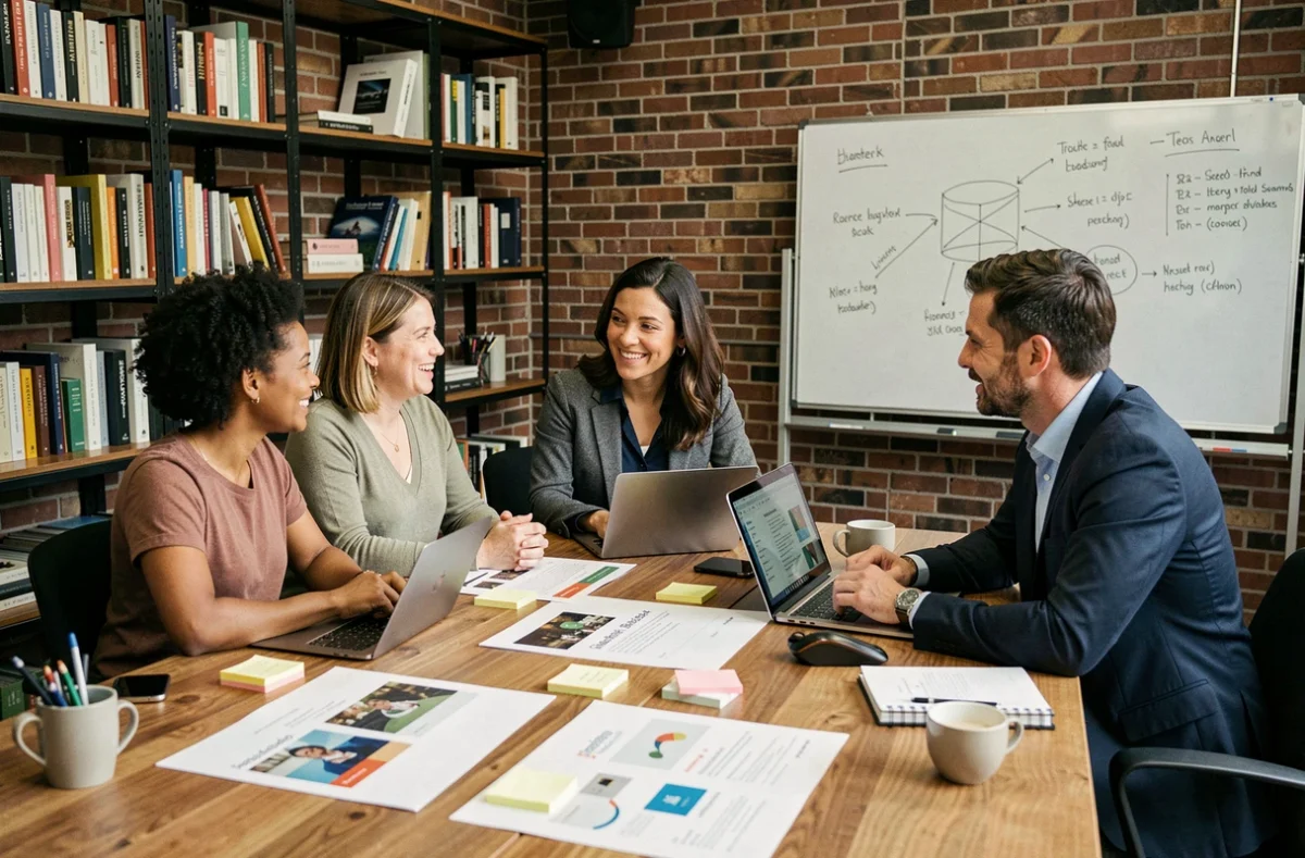 Équipe marketing collaborant autour d'une table de réunion avec des documents de stratégie de campagne et des ordinateurs portables