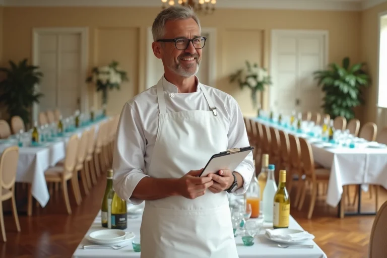 Traiteur professionnel planifiant les boissons pour une fête de 100 personnes devant une table de réception garnie de bouteilles