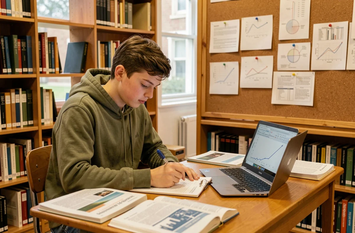 Adolescent en bibliothèque scolaire rédigeant un rapport scientifique structuré, illustrant les étapes de la démarche scientifique appliquée