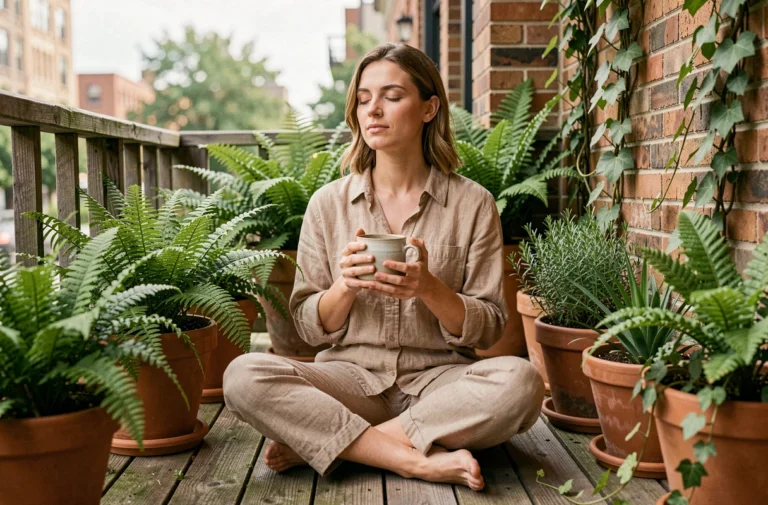 Femme assise sur un balcon fleuri entourée de plantes vertes, tenant une tasse de thé, incarnant le bien-être par la nature au quotidien