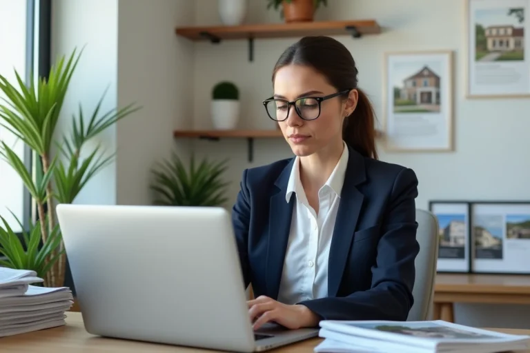 Femme professionnelle consultant un portail immobilier sur ordinateur portable dans un bureau moderne