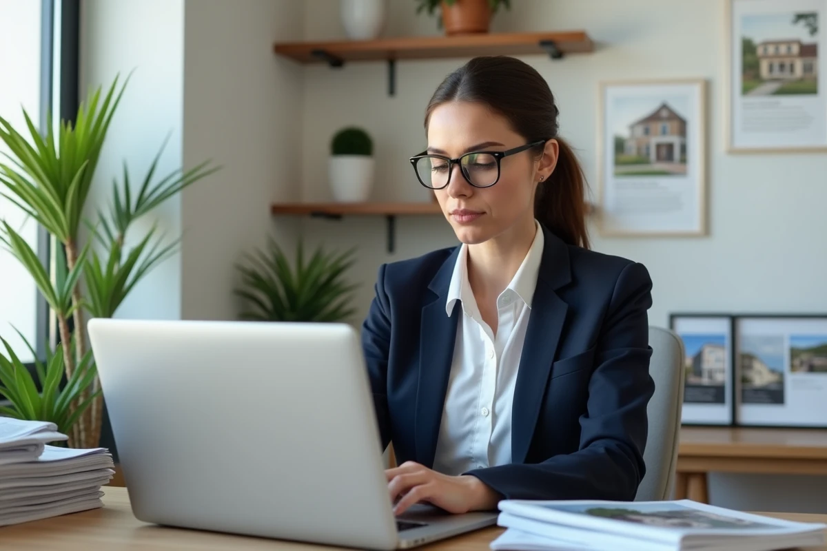 Femme professionnelle consultant un portail immobilier sur ordinateur portable dans un bureau moderne