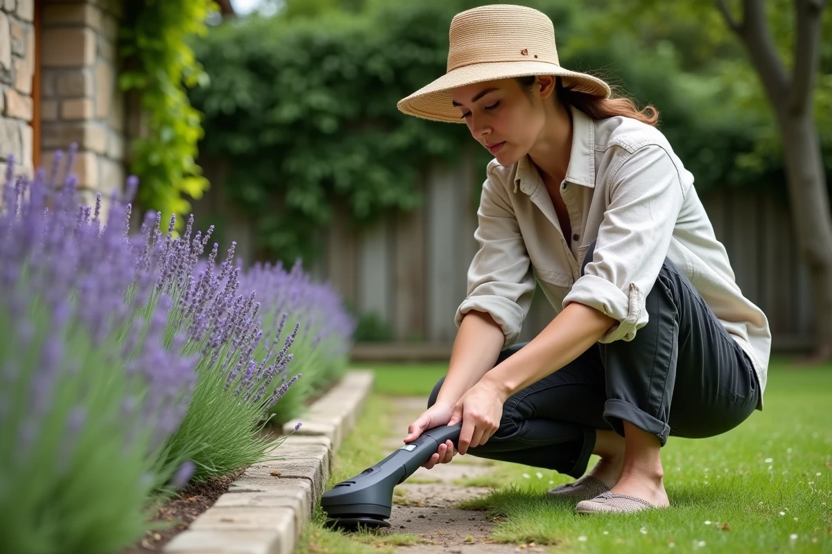 Femme débroussaillant les bordures d'un parterre de fleurs avec une débroussailleuse Parkside PBS 2 D4 dans un jardin de style cottage