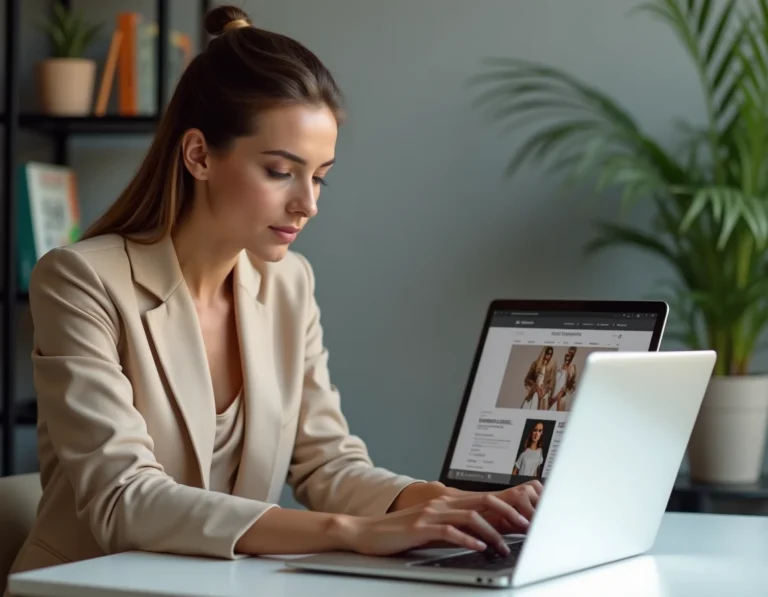 Femme élégante consultant le site Mode Sign sur un ordinateur portable dans un appartement parisien moderne