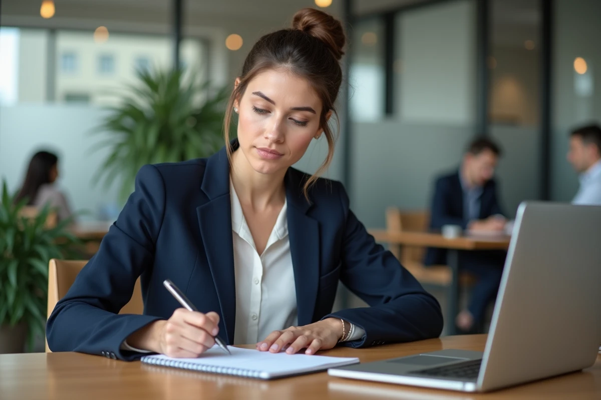 Femme professionnelle en blazer marine prenant des notes lors d'une formation professionnelle dans un espace de coworking moderne