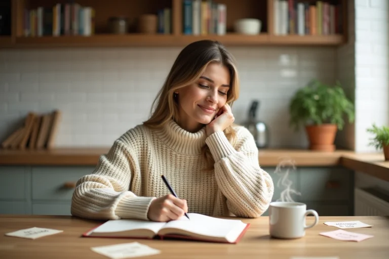 Femme écrivant dans un journal personnel dans une cuisine moderne avec une tasse de café, symbolisant les astuces et habitudes quotidiennes pour améliorer sa vie