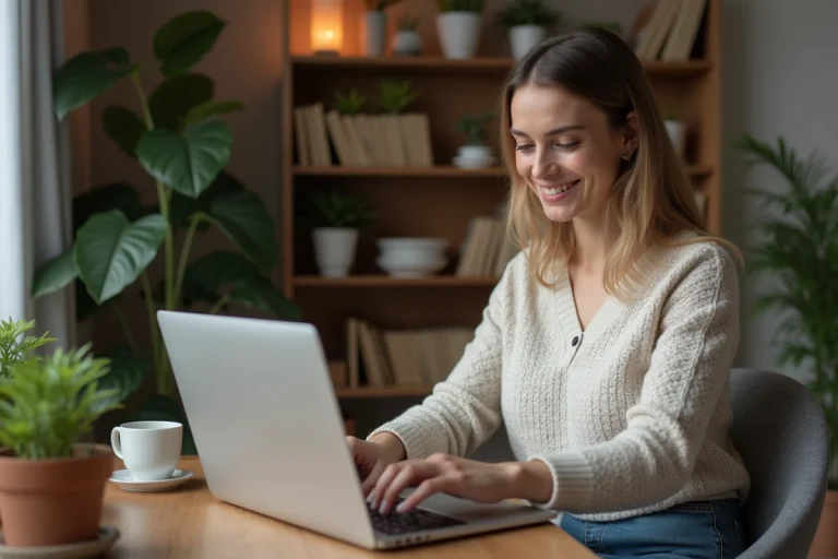 Femme souriante utilisant un ordinateur portable dans un salon cosy