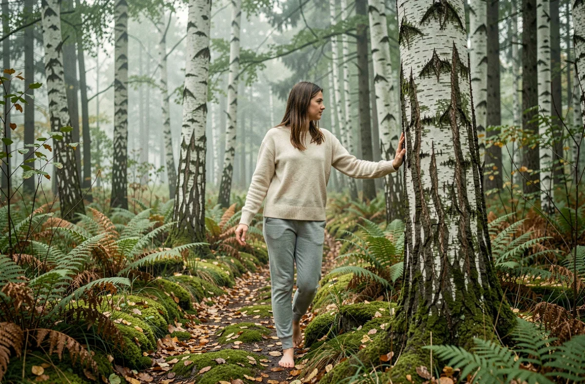 Jeune femme marchant pieds nus sur un sentier forestier moussu, effleurant l'écorce des bouleaux, symbolisant l'immersion dans la nature pour le bien-être mental