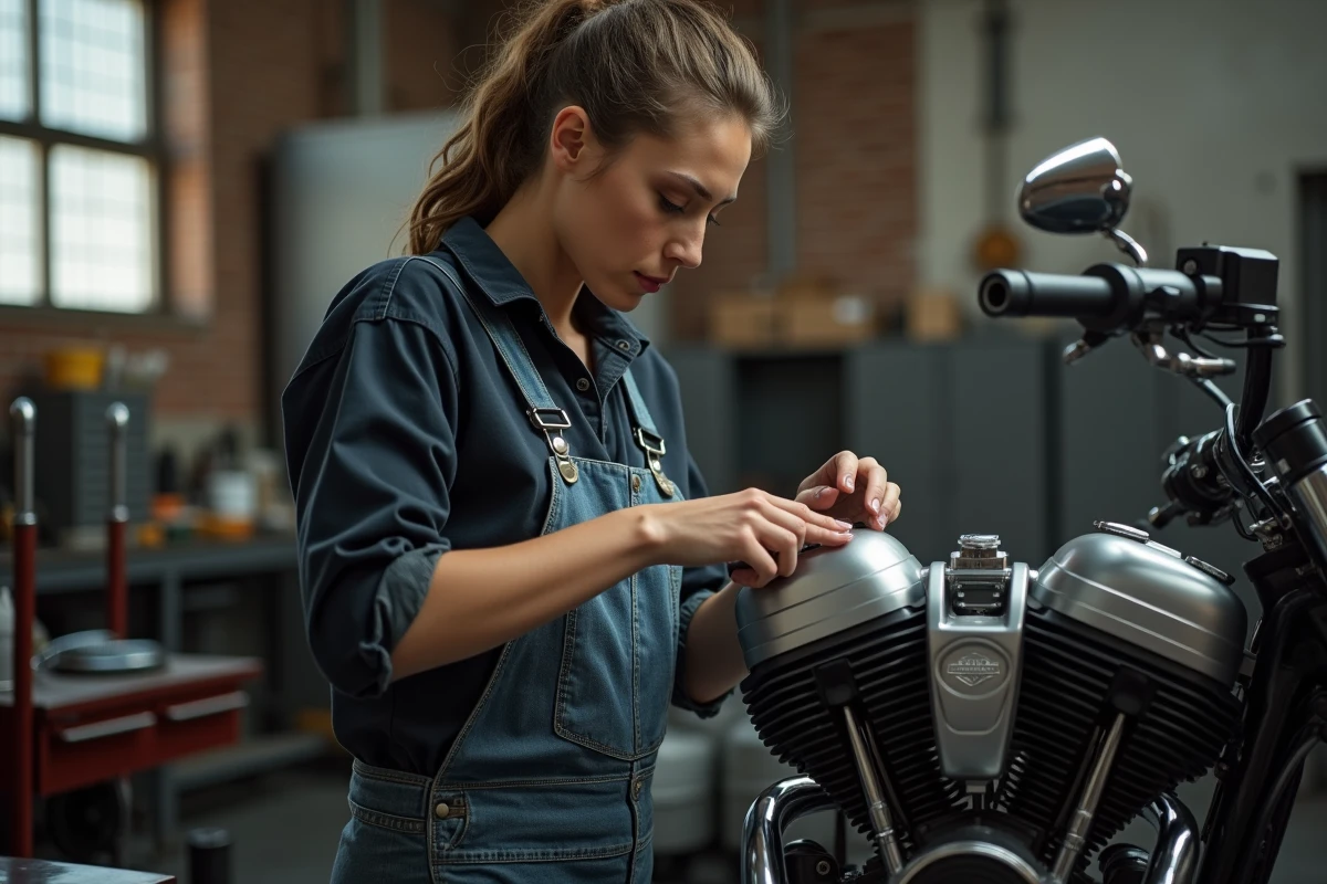 Mecanicienne femme examinant un moteur Harley Davidson en atelier