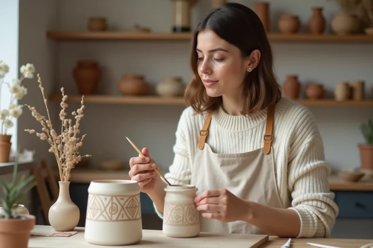 Femme peignant un vase en céramique avec des motifs géométriques dans un atelier DIY chaleureux et artisanal