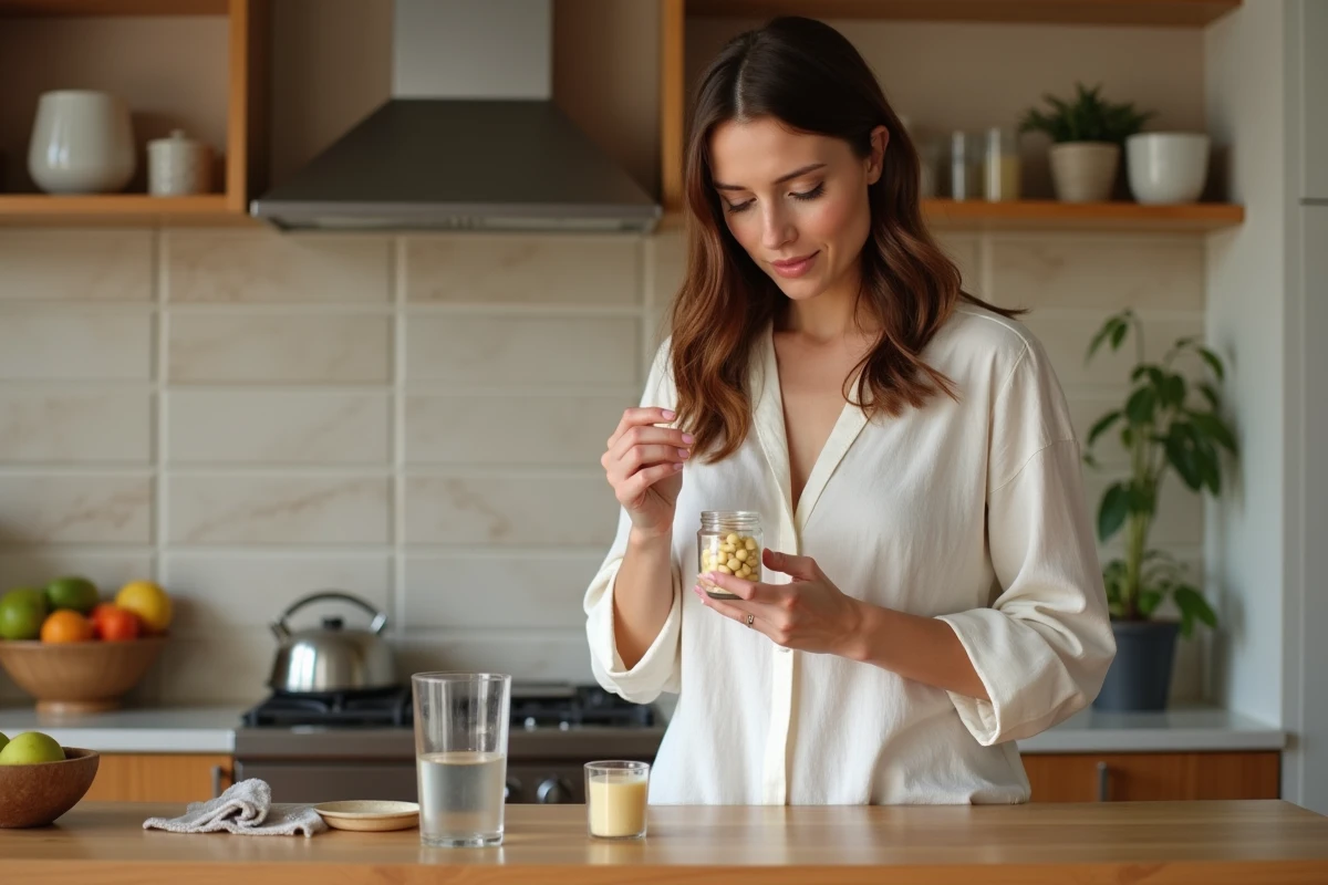 Femme examinant des capsules de probiotiques dans une cuisine, concept santé intestinale et flore bactérienne