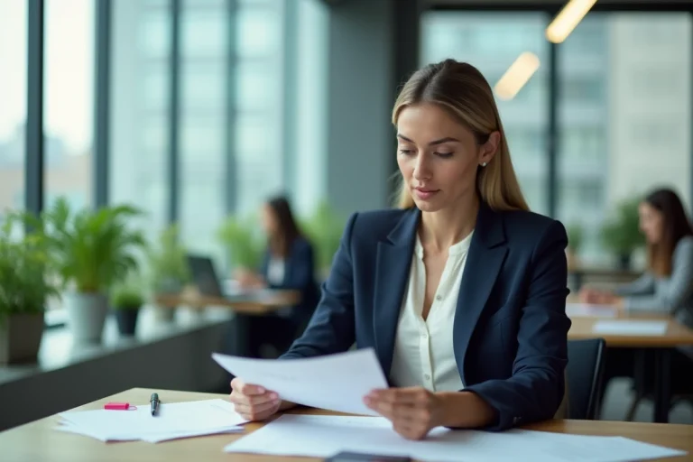 Femme professionnelle concentrée à son bureau dans un open space moderne, incarnant la réussite et l'épanouissement au travail