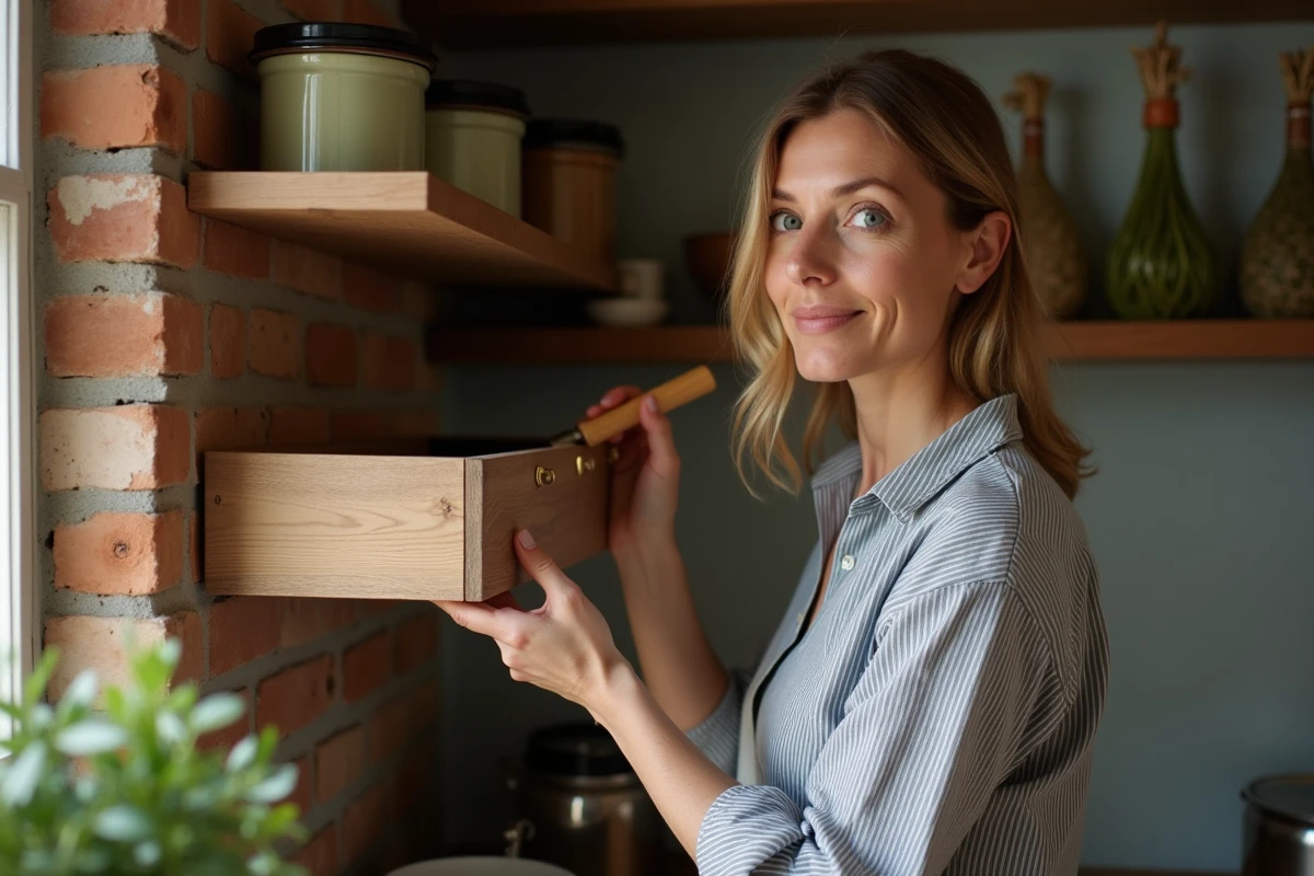 Femme transformant un tiroir en bois ancien en étagère décorative dans une cuisine rustique faite maison