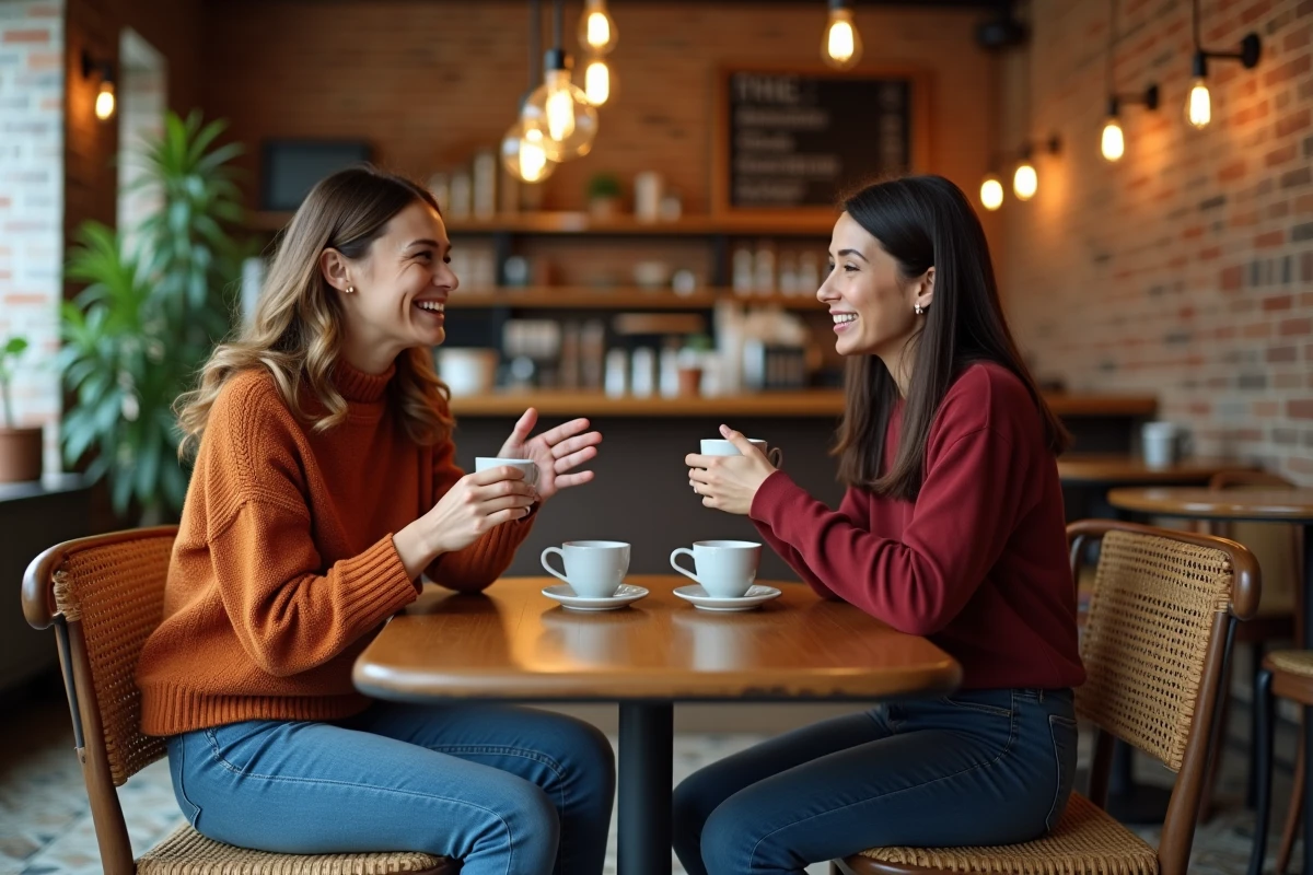 Deux femmes partageant des histoires inspirantes autour d'un café dans un café vintage, représentant l'entraide et les échanges positifs pour améliorer son quotidien