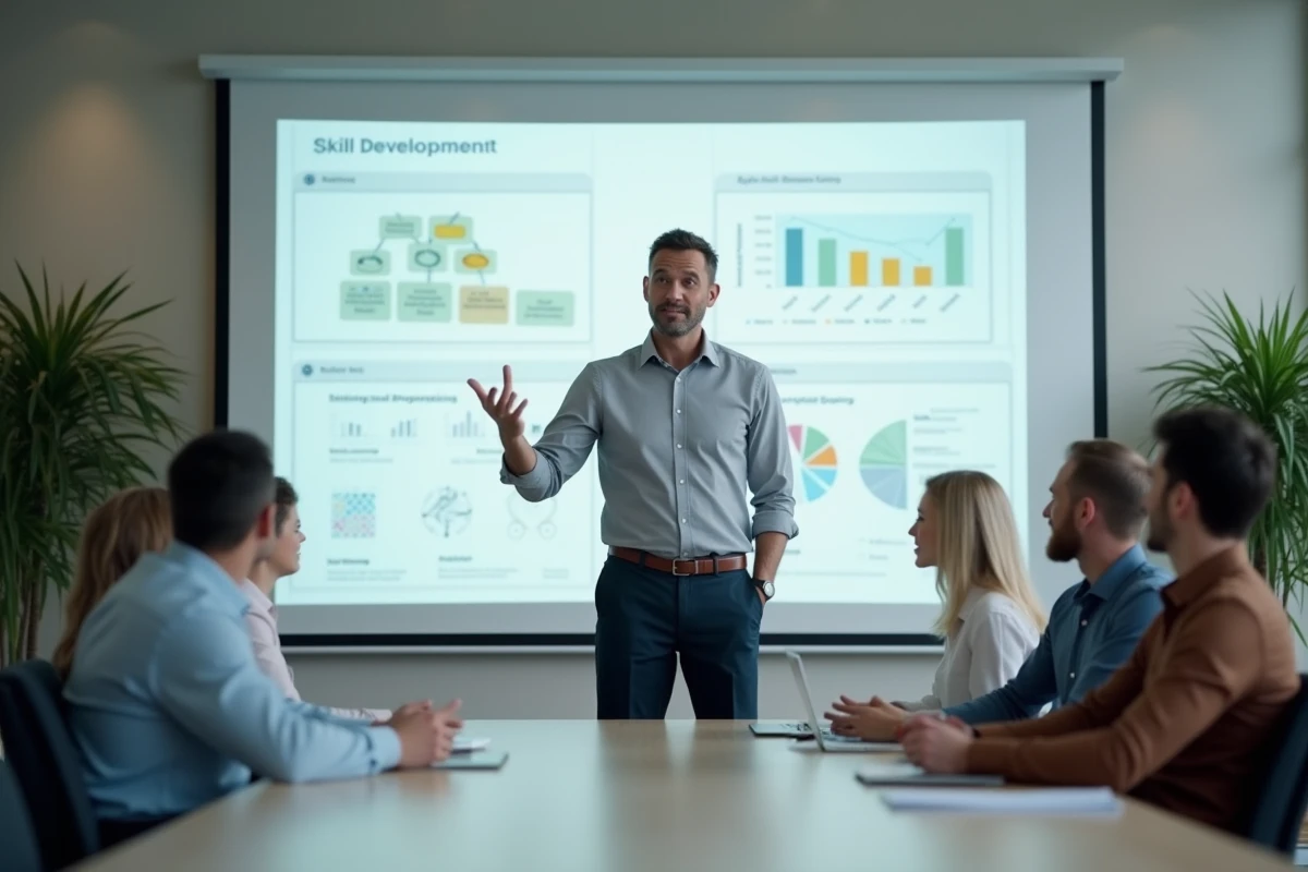 Formateur masculin présentant des diagrammes de développement des compétences devant un groupe en salle de formation d'entreprise