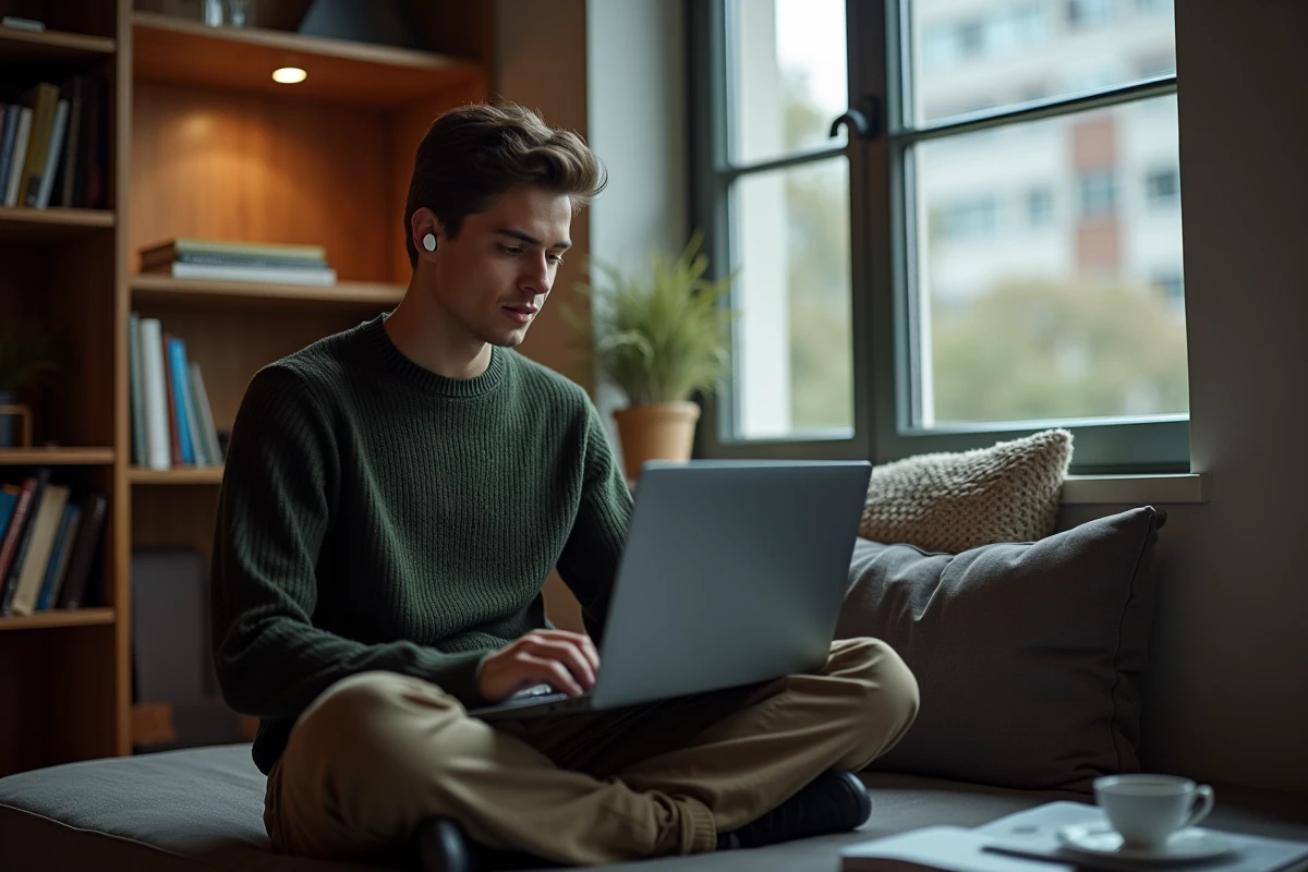 Jeune homme suivant une formation en ligne sur son ordinateur portable dans un coin bureau à domicile avec des étagères de livres