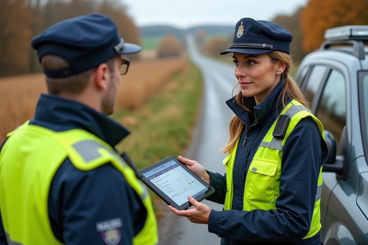 Deux gendarmes vérifiant les données d'un véhicule sur tablette lors d'un contrôle routier en zone rurale