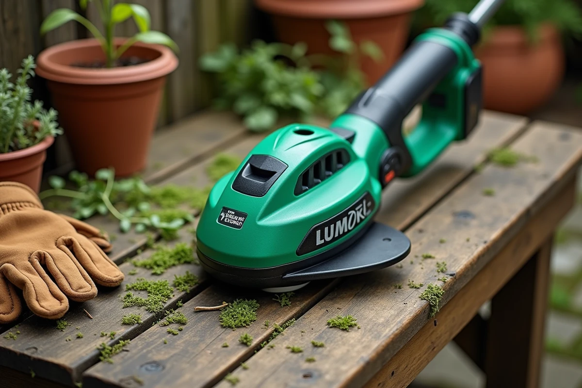Gros plan sur la tête de coupe et le mécanisme de bobine d'une débroussailleuse Parkside PBS 2 D4 posée sur un établi de jardin