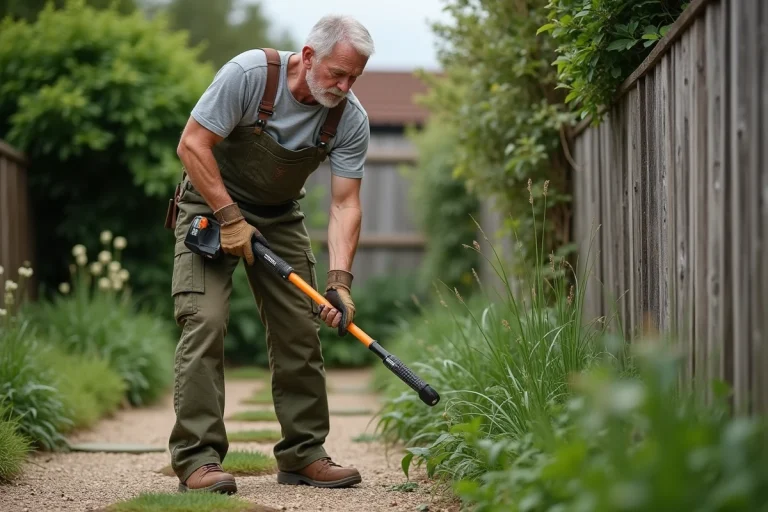 Homme utilisant une débroussailleuse sans fil Parkside PBS 2 D4 pour tailler les bordures d'une pelouse dans un jardin suburban