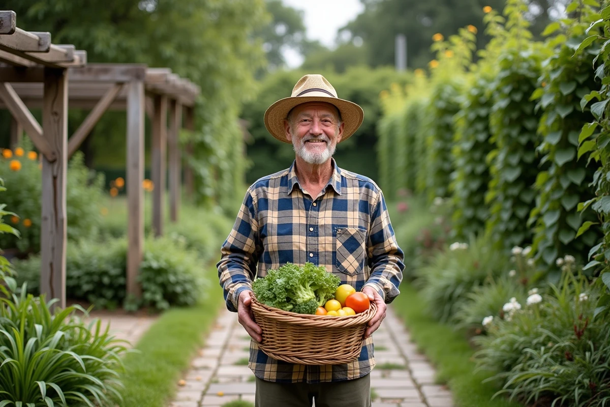 Homme âgé tenant un panier de légumes dans le jardin