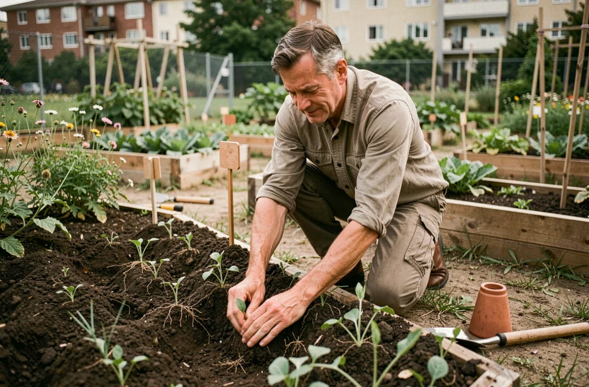 Homme en train de jardiner dans un potager urbain partagé, les mains dans la terre, illustrant la reconnexion à la nature pour un bien-être durable