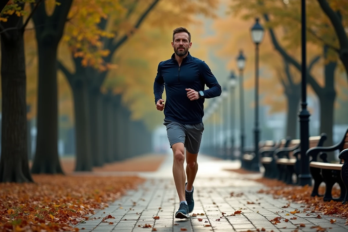 Homme faisant du jogging dans un parc urbain en automne, illustrant les habitudes sportives matinales comme source d'inspiration et d'amélioration personnelle